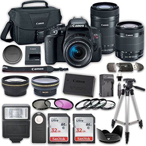 Canon EOS Rebel T7i DSLR Camera Bundle with Canon EF-S 18-55mm f/4-5.6 IS STM Lens   Canon EF-S 55-250mm f/4-5.6 IS STM Lens   2pc SanDisk 32GB Memory Cards   Accessory Kit