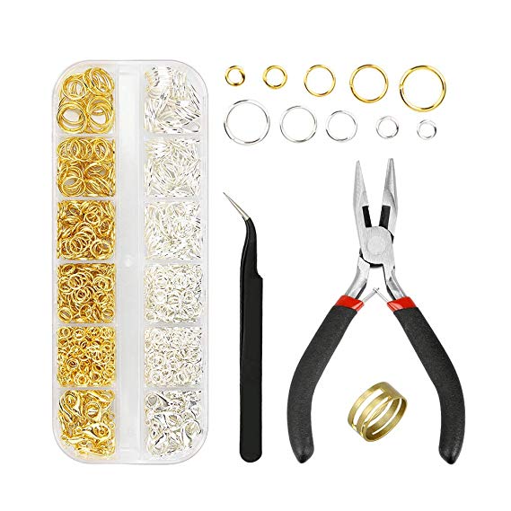 Kingsdun Jewelry Making Tools with Jewelry Findings,Needle Nose Plier, Jump Ring Opener and Tweezer,Repair Kit with 1160pcs Open Jump Rings & 40pcs Lobster Clasps in Assorted Size Gold and Silver