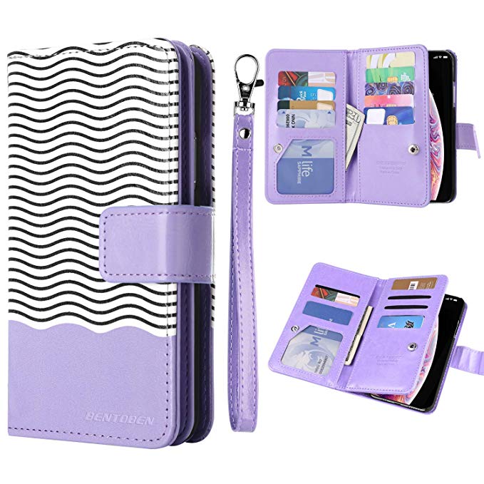 iPhone XS (2018) Case, iPhone X Wallet Case, BENTOBEN iPhone X Wallet Case Glitter Faux Leather Flip Credit Card Holder Wristlet Shockproof Protective Phone Case for Apple iPhone X/10/XS, Purple