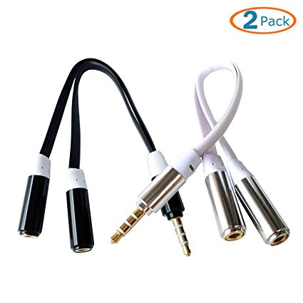 HTTX 4-Pole 3.5mm Stereo Headset Splitter, Male to Dual Female, Stereo Headphone Jack Flat Cable Adapter For iPhone iPad itouch External Speaker (Black&White, 2-Pack)