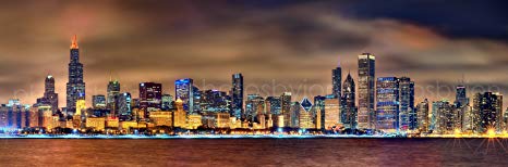 Chicago Skyline PHOTO PRINT UNFRAMED NIGHT Color BORDER or NO BORDER OPTION 11.75 inches x 36 inches Photographic Panorama Poster Picture Standard Size