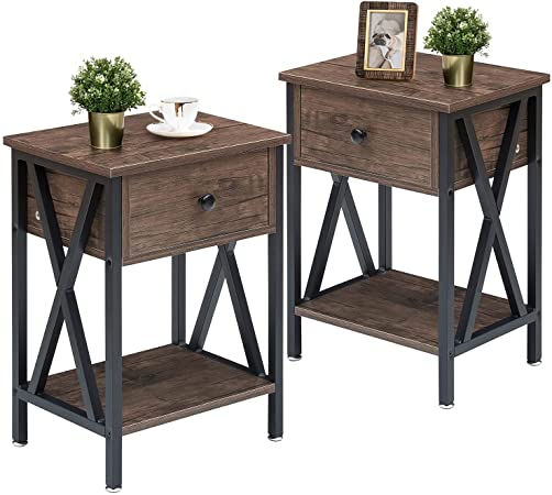 VECELO Nightstand Modern Side End Tables Night Stand with Bin Drawer for Living Room Bedroom, Set of 2, Industrial Metal Frame, Nightstands, Gry