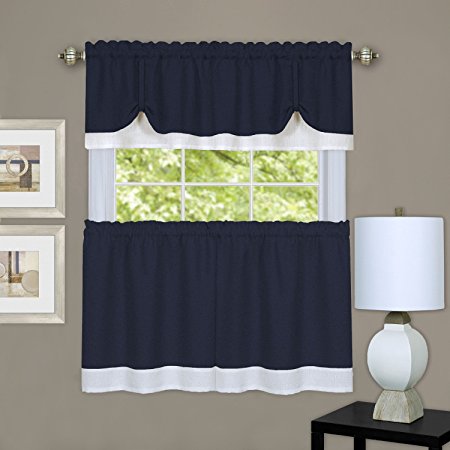 GoodGram Tie-Up Textured Kitchen Curtain Tier & Valance Set - Assorted Colors (Navy/White)