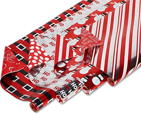 AMERICAN GREETINGS Christmas Foil Reversible Wrapping Paper, Red, Black, and Silver, Candy Cane Stripe, Snowmen, Ho-Ho-Ho, Santa Belt, 4-Rolls, 80 Total Sq. Ft.