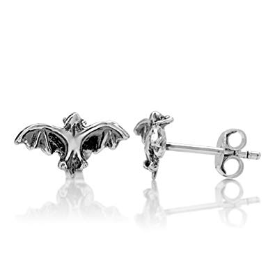 925 Oxidized Sterling Silver Tiny Flying Bat 9 mm Post Stud Earrings