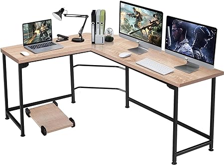 VECELO 66 Inch L-Shaped Computer Desk with CPU Stand/Pc Laptop Study Writing Table for Home Office Workstation Wood & Metal, 66.3X18.9 inch, Classic Oak