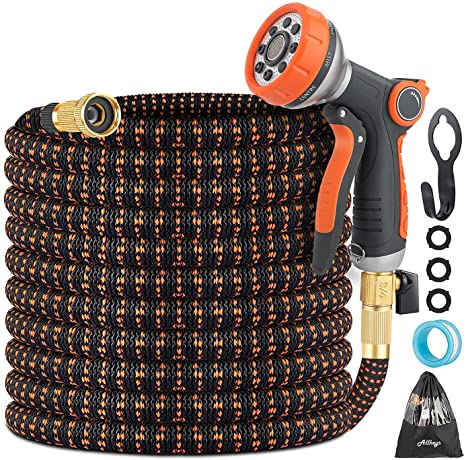 Expandable Garden Hose Kit 50-100 ft - Superior Strength 3750D - 4-Layers Latex, Extra-Strong Brass Connector- 8-Way Durable Zinc Water Spray Nozzle 2 Way Pocket Flexible (50FT)