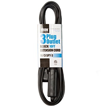 10 Ft Extension Cord with 3 Electrical Power Outlet - 16/3 Heavy Duty Black Cable