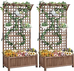 Yaheetech 72″ H Garden Planter with Trellis for Vine Climbing Horticultural Plants Garden Box Outdoor w/Drainage Holes Raised Garden Bed Garden Planter Box for Flowers, Dark Brown,2pcs