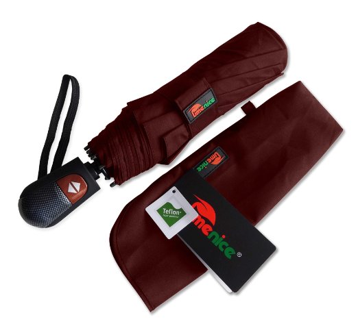 Umenice Automaitc 9-Rib Travel Umbrella Windproof With 210T Fabric Teflon Red