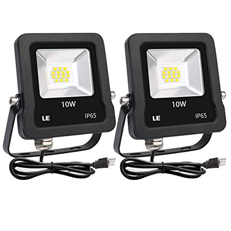 LE Outdoor LED Flood Lights, IP65 Waterproof, 10W 800LM, Daylight White 5000K, 110 Degree Beam Angle, Plug in Security Floodlights for Home, Backyard, Patio, Garden, Tree and More, Pack of 2