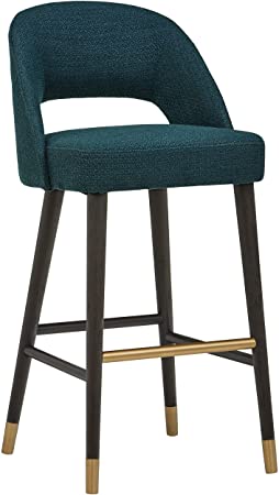 Rivet Whit Contemporary Upholstered Bar Stool with Gold Accents, 41"H, Juniper Blue