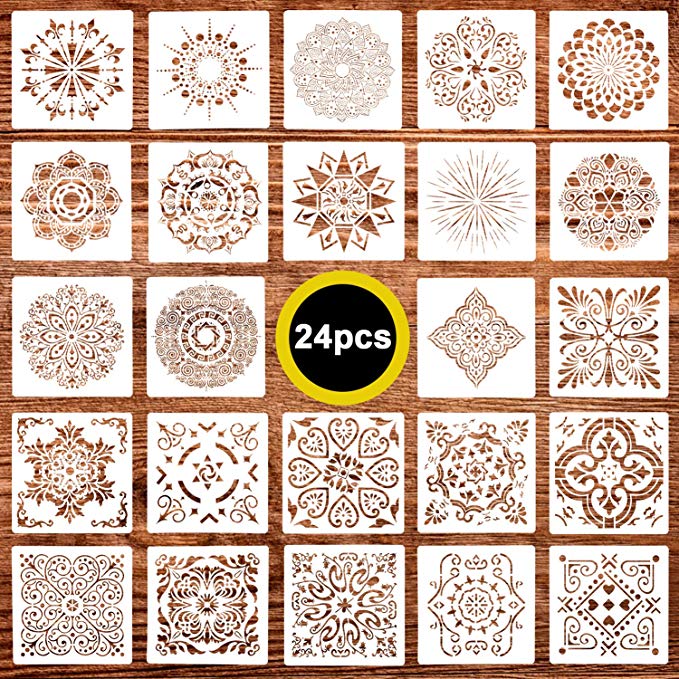 24 Pack (6x6 Inch) Painting Drawing Stencils Mandala Template for DIY Rock Painting Art Projects, Reusable