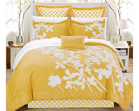 Chic Home Iris 7-Piece Comforter Set with Four Shams and Decorative Pillow, Queen Size, Yellow, Bedskirt