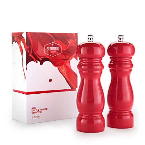 Premium Salt & Pepper Grinder Set of 2 - Gorgeous Glossy Red - Professional Chef Standard - Ceramic Mechanism - Stylish Table Decoration - Beautiful To Hold And Use - Salt & Pepper Shakers Mills