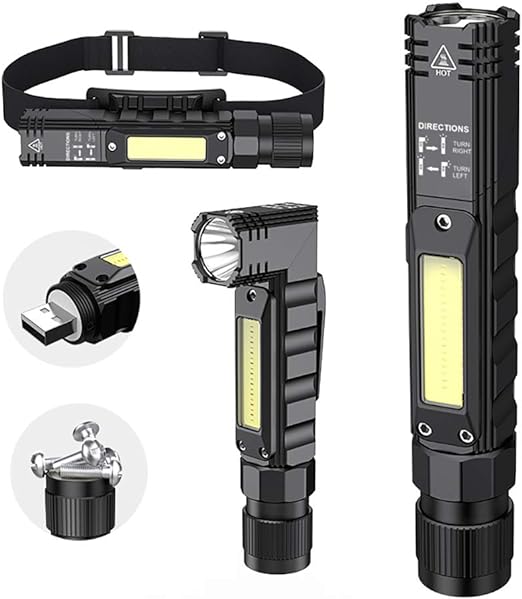 Portable Flashlight, 800 Lumens USB Rechargeable Tactical Flashlight, 90 Degree Rotate, Magnet Tail, Flashlight IPX4 Waterproof Led Flashlight 5 Modes, COB Work Light for Camping, Outdoor, Reading