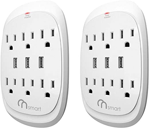 ONSMART USB Wall Tap Surge Protector with 6 outlets 3 USB, 3.4A Output, Portable Wall-Mount Socket, 300J Surge Protection & Smart Charging for Home- Office- Kitchen- White(2 Pack)