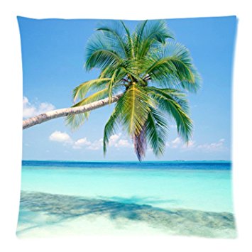 HLPPC Sandy Tropical Paradise Beach with Palm Trees and the Sea Ocean Cushion Case - Throw Pillow Case Decor Cushion Cover Square 18 x 18 Inches