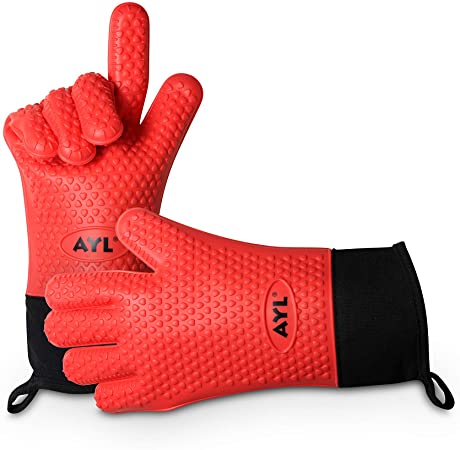 AYL Long Silicone Cooking Gloves - Long Sleeves, Heat Resistant Oven Mitt for Grilling, BBQ, Kitchen, Baking - Safe Handling of Pots and Pans - Internal Protective Cotton Layer (Red Extra Long)