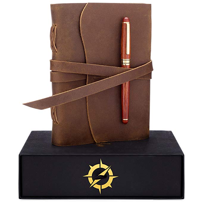 Leather Journal Gift Set Luxury Wooden Pen - Best Unique Gifts for Mom Dad, Handmade Anniversary Gifts for Women Men, Birthday, Personalized Gifts, Graduation Gift Ideas Her Him, Refillable Notebook