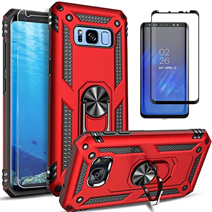Galaxy S8 Phone Cases, STARSHOP- Samsung Galaxy S8 Case, [NOT FIT S8 Plus/Active] with [Tempered Glass Protector Included] Metal Ring Stand Shockproof Drop Protection Phone Cover- Red