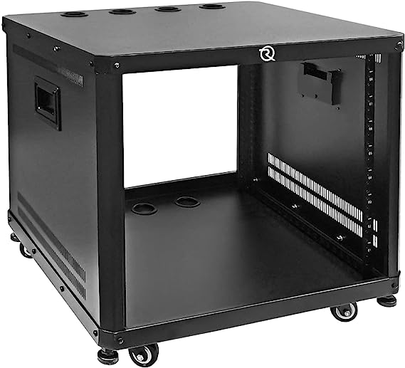 RIVECO POMU 9U Network & Stereo Rack with Caster Wheels, Rolling Server Rack Open Cabinet for 19-inch Audio Video Music Instrument & IT Equipment Mounting, Round & Square Holes, Build in Handles