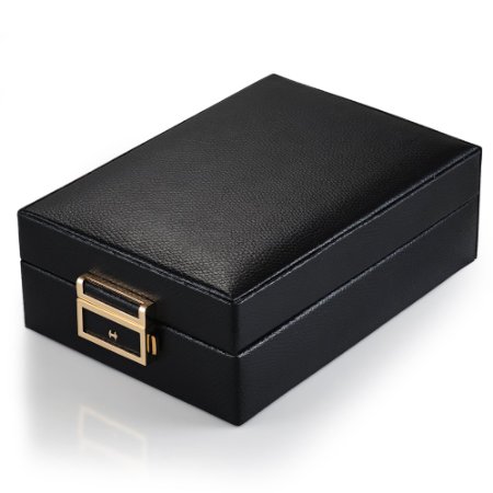 Limanated Leather Black Double Layer Internal Mirror Travel Jewelry Box