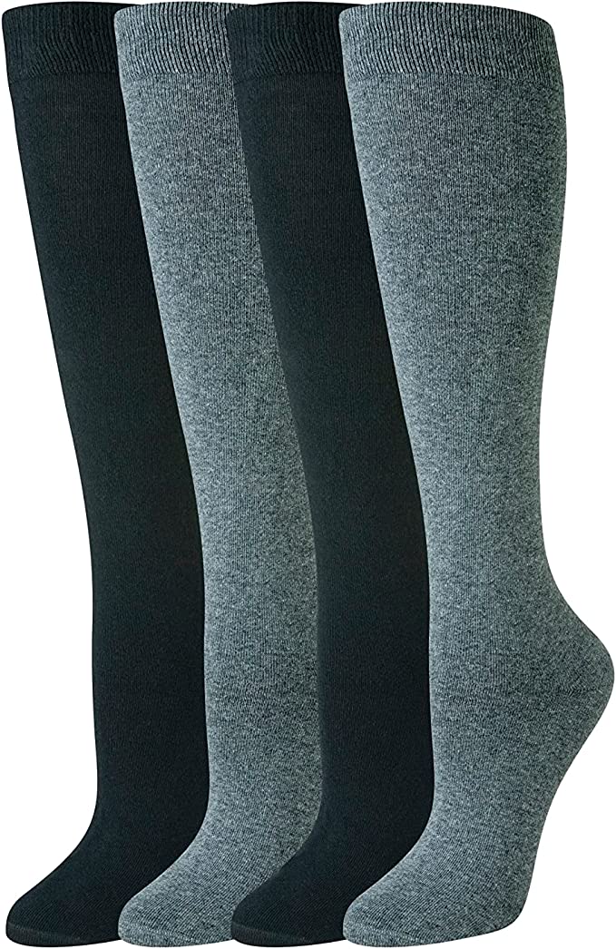 Amazon Essentials Women's Casual Cotton Knee High Socks, Pack of 4, Black/Grey, 6-9