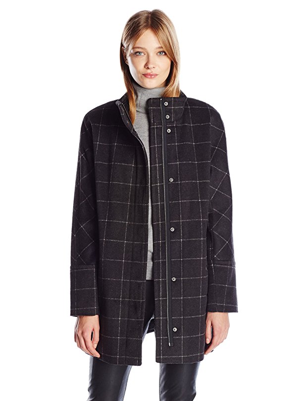 Lucky Brand Women's Windownpane High Collar Wool Coat with Hidden Placket