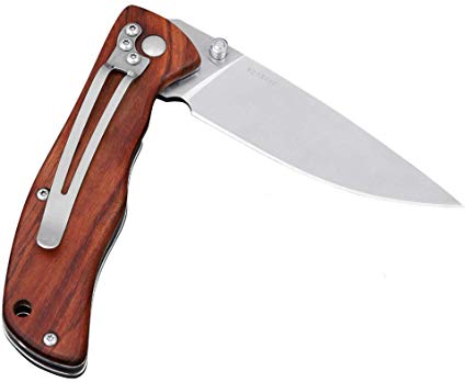 Folding Pocket Knife with Liner Lock 8Cr13MoV Stainless Steel Blade Brown Wood Handle EDC Tactical Knife with Belt Clip for Outdoor Hunting Camping Fishing