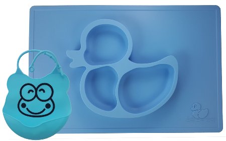 One Piece Silicone Fun Placemat & Plate/Tray with Bib - Self Suction - Blue Duck Design by Elm Tree for Kids, Toddlers & Babies