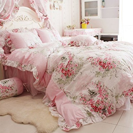 FADFAY Home Textile Pink Rose Floral Print Duvet Cover Bedding Set For Girls 4 Pieces Full Size