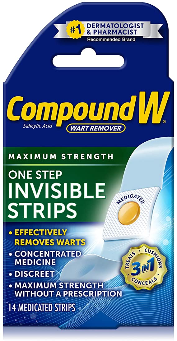 Compound W One Step-Maximum Strength, Medicated, Waterproof- Invisible Strips -Effectively Removes Warts, 14 Count