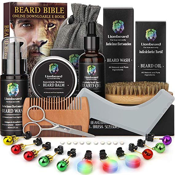 Beard Care Kit for Men Dad Beard Growth Grooming & Trimming, Beard Shampoo Wash, Beard Oil Conditioner, Beard Glitter Lights Christmas Ornaments, Balm Wax, Brush, Comb, Scissors, Xmas Gift Set for Him