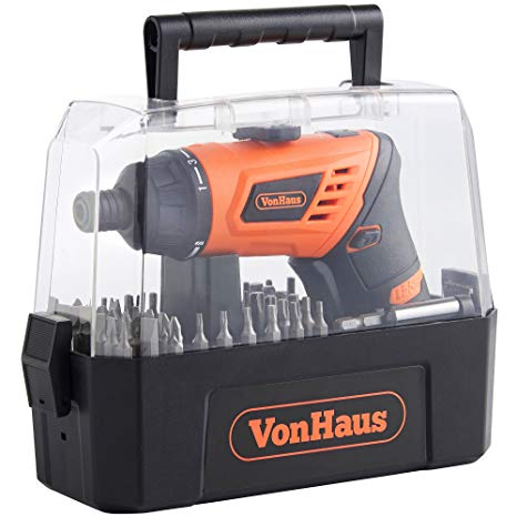 VonHaus Cordless Electric Screwdriver 4.0V MAX with Rechargeable LED Light, 3-Position Handle, MAX Torque 5 N.m and 50 Screwdriver Bits Accessory Set in Case