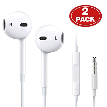 [2Pack] Wire Headphones earbuds with Mic earphones and Remote Control for Apple iPhone/iPod/iPad/Samsung Galaxy (White)