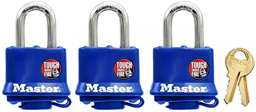 Master Lock 312TRI Laminated Padlocks with Blue Thermoplastic Shell, 1-9/16-Inch, 3-Pack