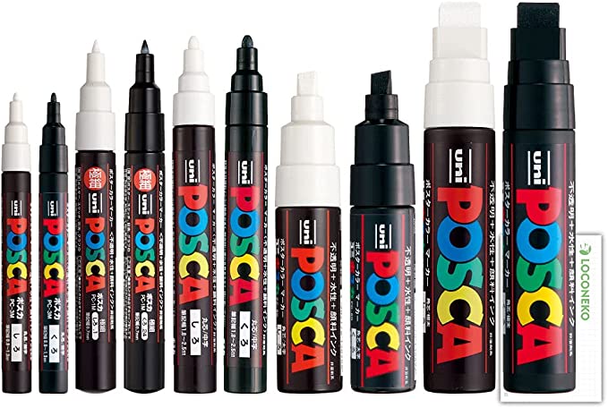 Posca Paint Marker Mixed Size Black&White Marker Pack (Set of 10) , Mitsubishi Uni Poster Color Marking Pen PC-1M, PC-3M, PC-5M, PC-8K, PC-17K   Loconeko Original Manual Set