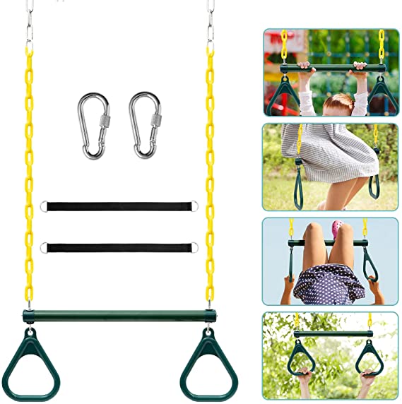 Newtion 18" Trapeze Swing Bar with Rings, Monkey Bars for Kids with 48" Coated Chains Swing Set Accessories, Swing Sets for Backyard, Indoor Jungle Gym Play Set and Outdoor Playground Equipment