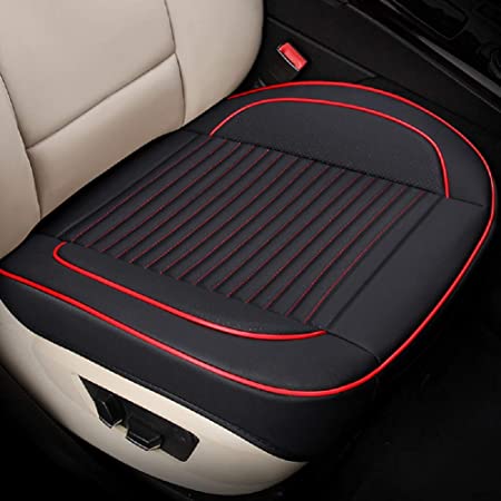 JOJOHON Car Seat Cushion, Car Seat Pad with PU Leather Bamboo Charcoal Car Seat Protector for for Auto Supplies Office Chair,Single Seat Without Backrest (2-Pack,Upgraded Black Red)