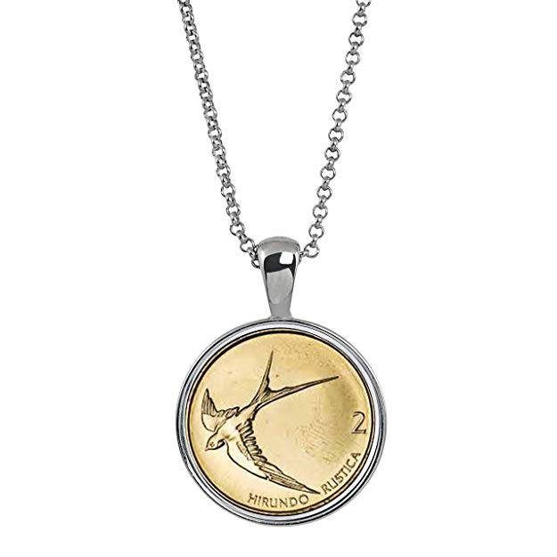 American Coin Treasures Barn Swallow Coin Necklace- Genuine Solvenia Coin Silvertone Pendant with Round Bezel| Bird in Flight Medallion Pendant | 18 Inch Cable Chain with 3 Inch Extender