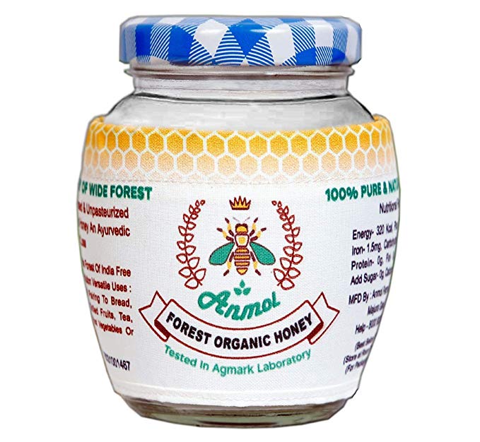 Anmol Farma Pure and Raw Forest Organic Unprocessed Unfiltered Unpasteurized Honey 100 % Natural Flower Bees Glass Jar, 500 g