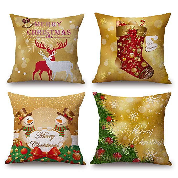 18 inch Christmas Decorative Throw Pillow Covers Xmas Deer Snowman Socks Pillow Case Set of 4 (Gold)