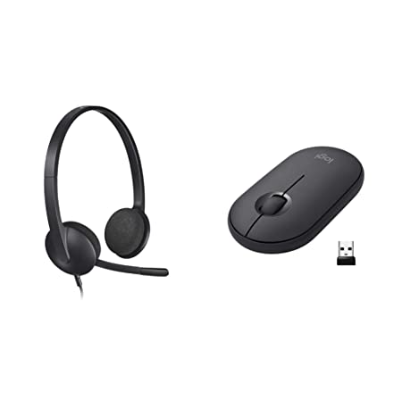 Logitech H340 Stereo Wired Over Ear Headphones Black & Pebble M350 Wireless Mouse with Bluetooth or USB - Silent, Slim Computer Mouse with Quiet Click for Laptop, Notebook, PC and Mac - Graphite