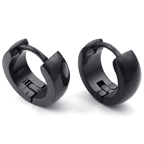 KONOV Mens Stainless Steel Classic Plain Cambered Stud Huggie Hoop Earrings Set, Black