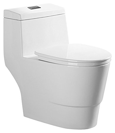 WoodbridgeBath T-0005, Dual Flush Elongated One Piece Toilet with Soft Closing Seat, Comfort Height, Water Sense, High-Efficiency, T-0005 Rectangle Button