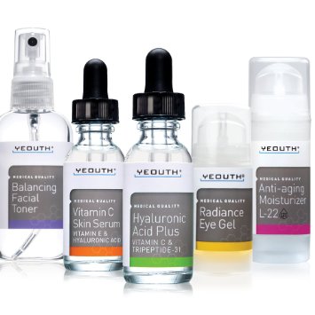 Best Complete Anti-Aging Skin Care System, YEOUTH Deluxe 5 Pack! Balancing Facial Toner*Vitamin C & E Serum*Hyaluronic Acid Plus*Radiance Eye Gel*L22 Patented Moisturizer-100% Money Back Guarantee