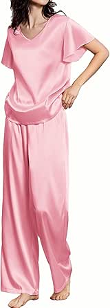 Ekouaer Silk Pajamas Satin 2 Piece Short Sleeve Top and Long Pants Pj Sets Silky Sleepwear Loungewear for Women