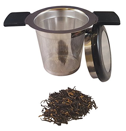 Premium Tea Infuser Brew-In-Mug Stainless Steel with Long Handles for Steeping Loose Leaf Tea, Lid Included (Black)