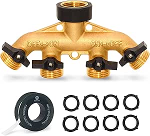 Morvat Heavy Duty Brass & Rubber 4 Way Splitter, Garden Hose Manifold Connector with Comfort Grip ON/OFF Valves, Adapter for Water Faucet Tap & Spigot, Includes 8 Extra Rubber Washers, Teflon Tape